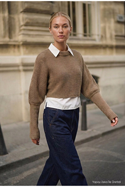 it's basic Γυναικείο Μπεζ w6-57 Oversize Πουλόβερ Πλεκτό με Λεπτομέρεια στο Γ...