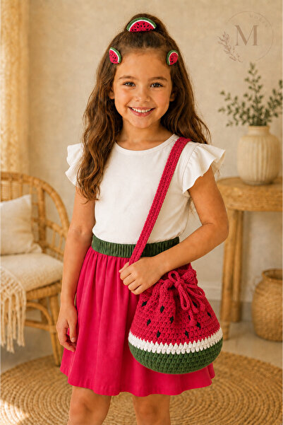 Morey Watermelon Design Drawstring Hand Knitted Children's Bag and Hair Acces...