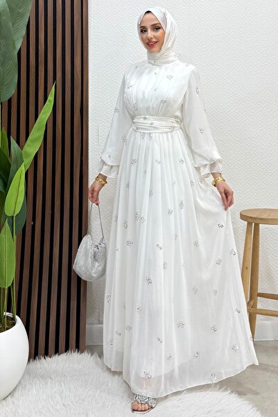 Lamia Giyim İnci Taş Şifon Abiye Beyaz