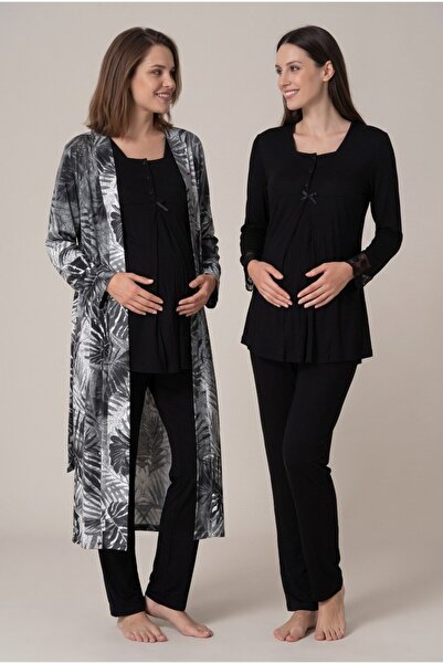 Pelin Women's Black Patterned Long Sleeve Lace Maternity Pajama Set with Dres...