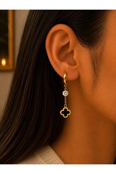 MARE BUTİK Steel Black Clover Dangle Earrings
