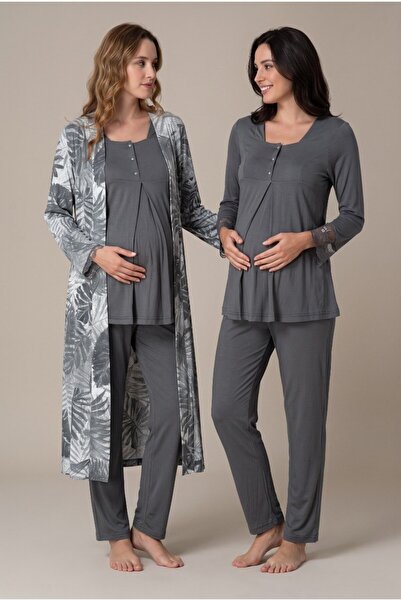 Pelin Women's Smoked Patterned Long Sleeve Lace Maternity Pajama Set with Dre...