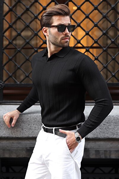 Madmext Black Regular Fit Polo Collar Knitwear Men's Sweater E7509
