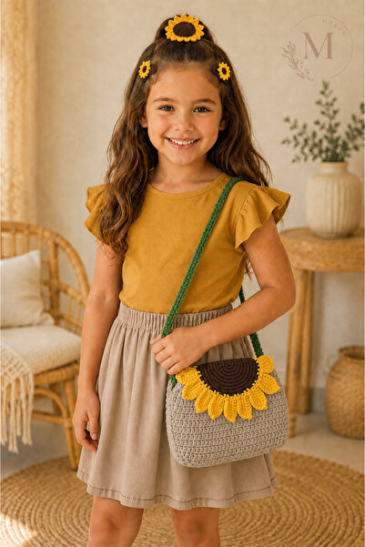 Morey Sunflower Design Hand Knitted Children's Bag and Hair Accessory Set
