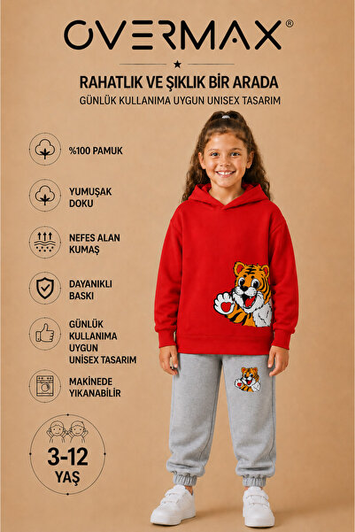 OVERMAX Baby Tiger Printed Children's Hooded Sweatshirt Set – Ages 3-12