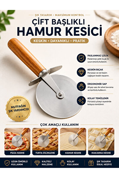 AYGÖREN HOME Double Headed Wooden Handle Dough, Pizza, Pastry Cutting Knife D...