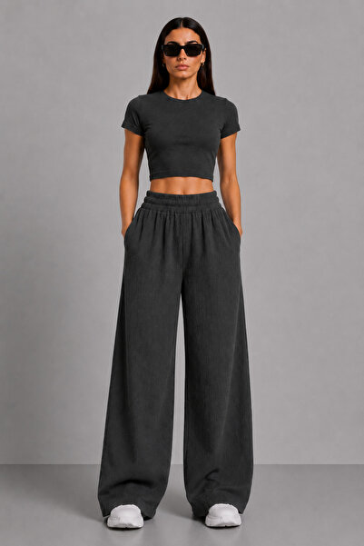 beeton Women's Anthracite Wrinkled Fabric High Waist Elastic Wide Leg Palazzo...