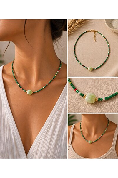 MARE BUTİK Green Beaded Natural Stone Look Necklace