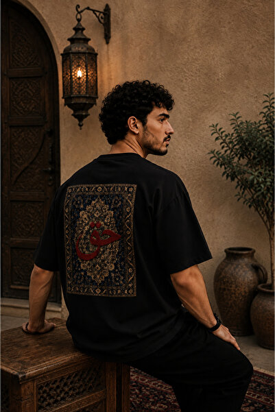 ZAVIXO Lacivert Erkek Oversize Hat Sanatı Baskılı Premium Pamuk Tişört – Etnik Desenli Casual Streetwear T-Shirt