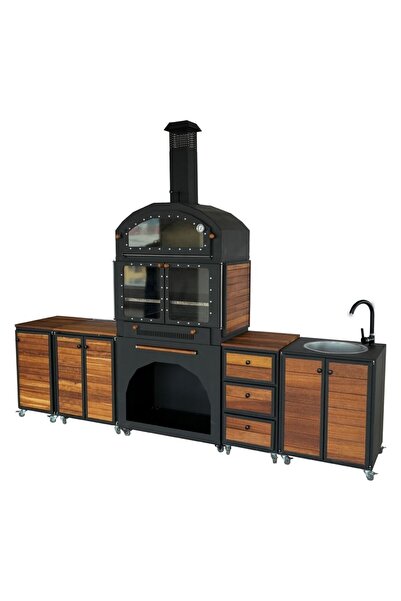 Thermair Lüks Tekerlekli Modüler Barbekü Seti - Fırınlı, Evyeli Ahşap Tezgahl...