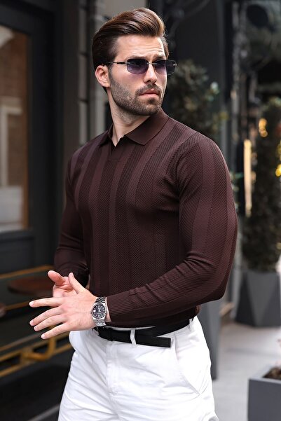 Madmext Brown Regular Fit Polo Collar Knitwear Men's Sweater E7509