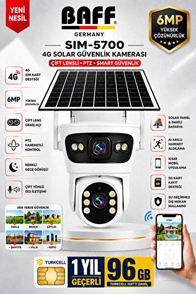 BAFF GERMANY SIM-5700 6MP 4G SIM Kartlı Solar Güvenlik Kamerası Çift Lens PTZ...