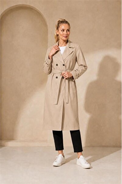 Neşeli Butik Women's Beige Full-Length Belted Seasonal Trench Coat with Ankle...