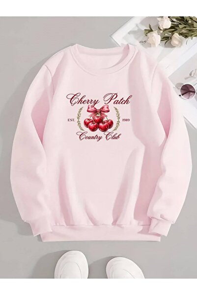 Hira Online Women's Cherry Patch Printed Three-Thread Ribbed Sweatshirt