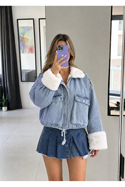 Ekim Store Blue Washed Plush Bomber Denim Jacket