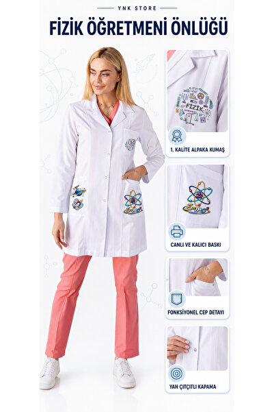 YnkStore Fizik Öğretmeni Önlüğü Kadın Beyaz Baskılı 1. Kalite Alpaka Kumaş Or...
