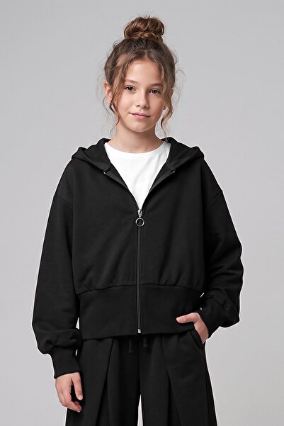 Dmb Girl's Zippered Hooded Crop Cardigan