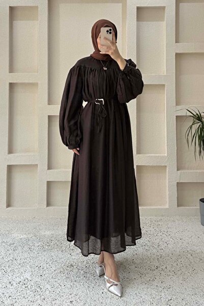 lamelif Belt Detailed Hijab Dress Bitter Brown