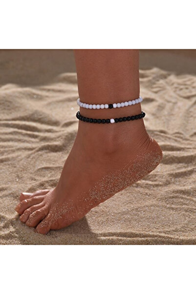 Shiklik 2-Piece Elegant Black and White Pearl Women's Anklet Set