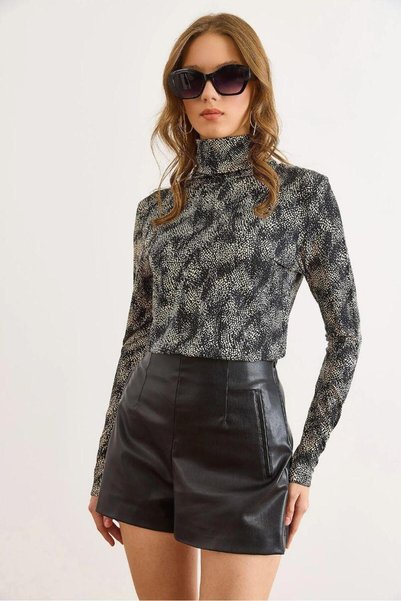 ladyzey Women's Rain Patterned Turtleneck Long Sleeve Blouse