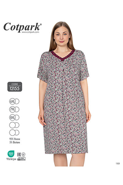 Cotpark Women's Plus Size Patterned V-Neck Short Sleeve Viscose Nightgown 12155