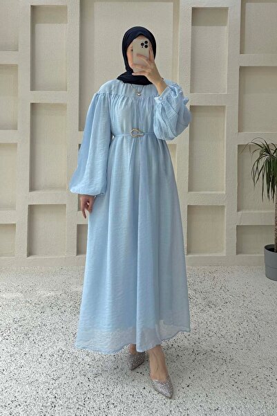 lamelif Belt Detailed Hijab Dress Baby Blue