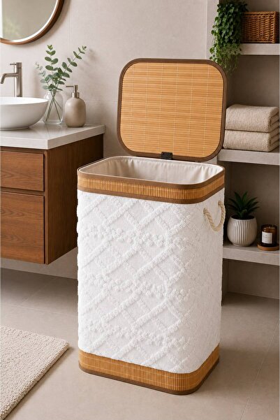 NEWNOW Zoya Kadife Kumaşlı Bambu Çamaşır Sepeti 40x30x60 cm – Kapaklı Büyük K...