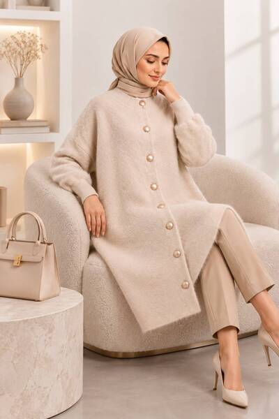 HIRA CO. Women's Bearded Knitwear Cardigan Buttoned Front Oversize Long Sleev...