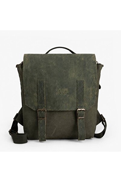OLD COTTON BAGS Haki Deri Detaylı Laptop Bölmeli Kanvas Sırt Çantası 35x29x12 cm