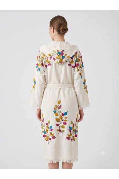 TekStilize Bohemian Colorful Leaf Patterned Peshtemal Muslin Bathrobe Soft, Lightweight and Breathable Woven Fabric (100% Cotton)