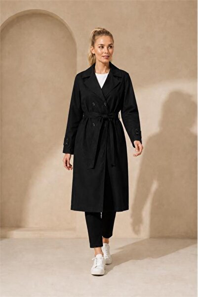 Neşeli Butik Women's Black Full-Length Belted Seasonal Trench Coat with Ankle...