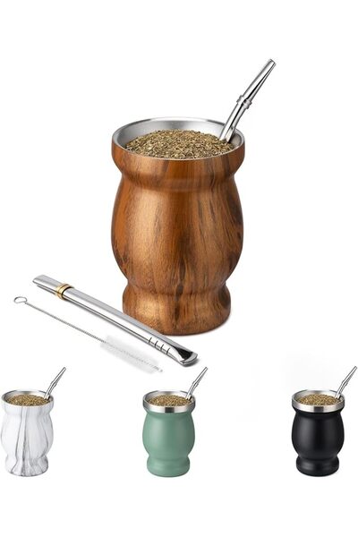 GENERAL كوب يربا ميت 8 اونصة من هوسفونوف، كوب ميت مزدوج الجدار من الستانلس ست...