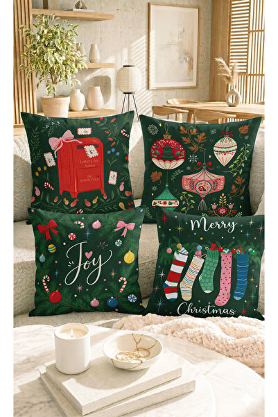 Home Yılbaşı Temalı Merry Joy Christmas Desenli Yeşil Dekoratif Yastık Kılıfı...