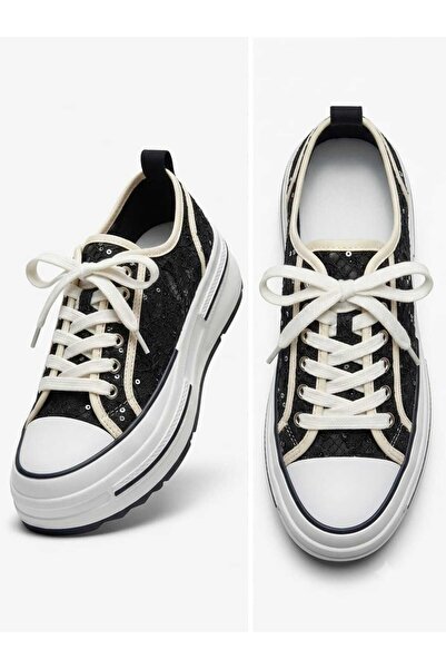 Generic Women's Black Sequin & Cream Lace-Up Fashion Sneakers