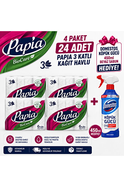 Papia 3 KATLI KAGIT HAVLU 24lu = DOMESTOS 450ML SPREY KOPUK GUCU HEDIYELI