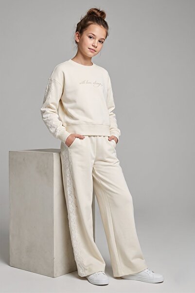 Dmb Girl's Embroidery Detailed Loose Sweatshirt and Wide-Legged Pants Set
