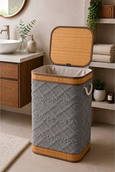 NEWNOW Zoya Kadife Kumaşlı Bambu Çamaşır Sepeti 40x30x60 cm – Kapaklı Büyük K...
