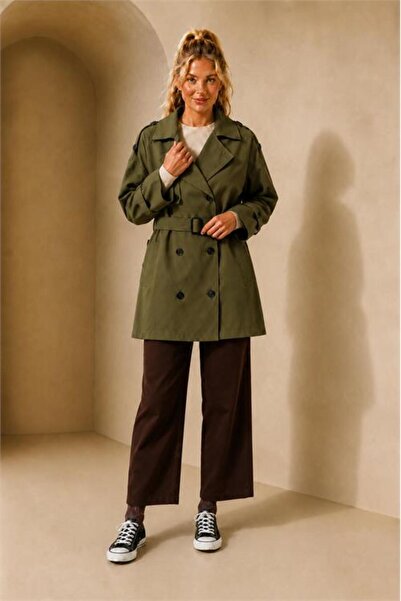 Neşeli Butik Women's Khaki Short Seasonal Trench Coat with Shoulder and Sleev...