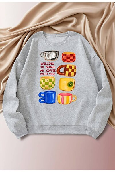 Hira Online Women's Cup Printed Three Thread Ribbed Sweatshirt