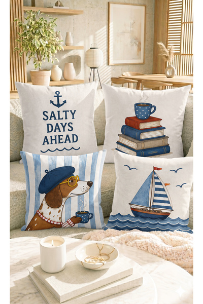 Home Denizci Temalı Salty Days Ahead, Kitap, Köpek ve Yelkenli Desenli Yastık...