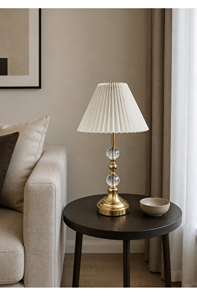 EvLight Elis Gold Metal Kristal Camlı Krem Kumaş Başlıklı Oturma Odası Salon Masa Lambası