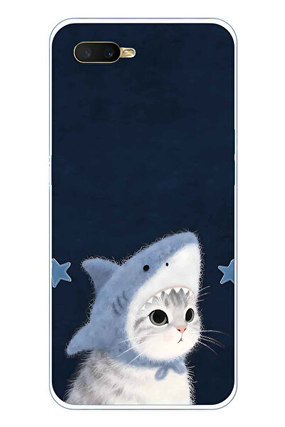 FLAMENKO Oppo A5S / AX7 / A12 Uyumlu Köpekbalığı Köstümlü Kedi Desenli Şeffaf...