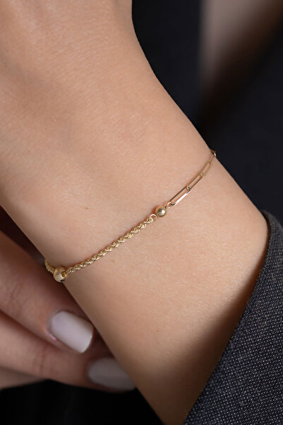Bayar Gold 14 Ayar Altın Halat ve Ataç Zincirli Toplu Bileklik + 2 cm Uzatmalı