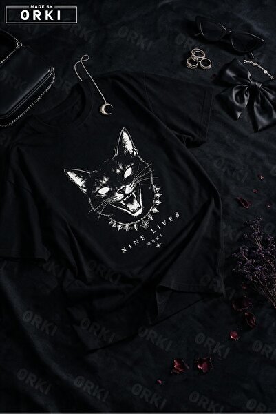 EFFRENATU Tricou negru unisex supradimensionat cu imprimeu gotic cu pisică și...