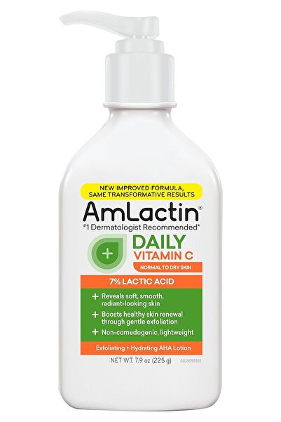 AmLactin لوشن للجسم بتأثير تقشير يحتوي على 7% حمض اللاكتيك وفيتامين سي 225 جرام