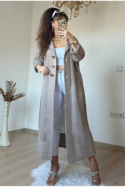 AZRA BUTİK Gold Dugmeli Mesh Cardigan Beige