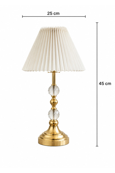 EvLight Elis Gold Metal Kristal Camlı Krem Kumaş Başlıklı Oturma Odası Salon Masa Lambası