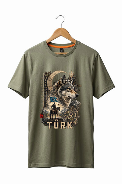The Baski Göktürkçe Turkish Written Black Wolf and Horse Warrior Printed 100%...