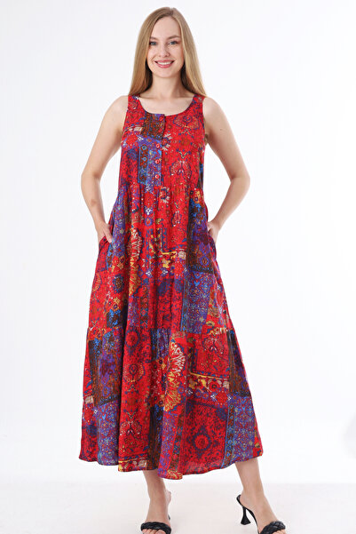 İntensive Patterned Pocketed Buttoned Women's Maxi Dress with Straps