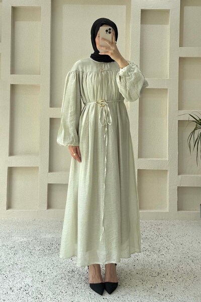 lamelif Belt Detailed Hijab Dress in Mold Green
